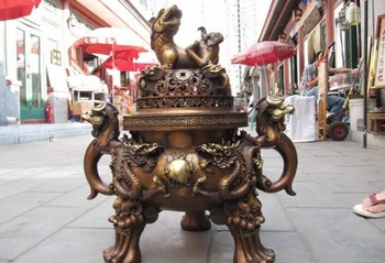 

USPS to USA S3001 25 China Red Bronze Copper Two Dragon Foo Dog kylin beast Incense burner Censer