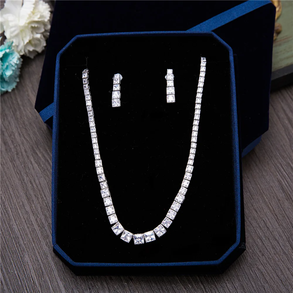 

Women Cubic Zirconia CZ Zircon Stone Princess Square-shaped Necklace Dangle Earrings Brides Wedding Jewelry Sets Bridal Choker