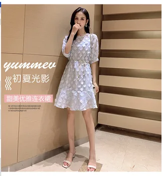 

Short-sleeved dress 2020 Xia Xin version was thin waist tie rope a word level long paragraph fairy dress with lining