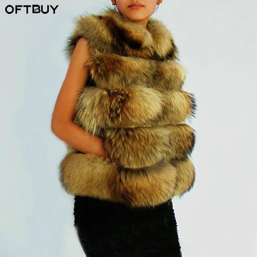 

OFTBUY 2019 Real Fur Vest Coat Winter Jacket Women Sleeveless Natural Raccoon Fur Gilet Thick Warm Streetwear Brand Outerwear