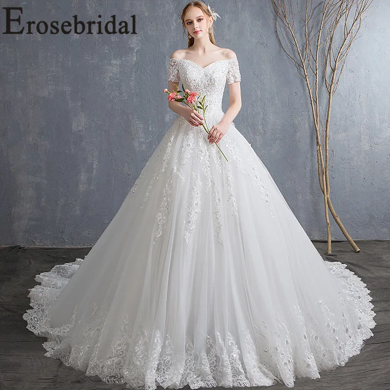 Erosebridal элегантное Пышное Бальное Платье Свадебное платье 2019 с короткий рукав кружево Свадебные платья Расшитые Бисером Лиф Длинный Шлейф