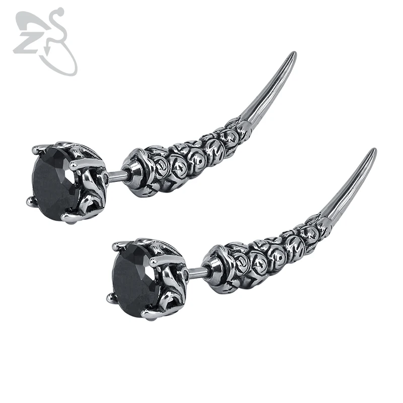 

ZS Men's Stainless Steel Stud Earrings Punk Style Hip Hop Earring Vintage Gothic Ear Piercing Jewelry Black CZ Stone Earing 2018