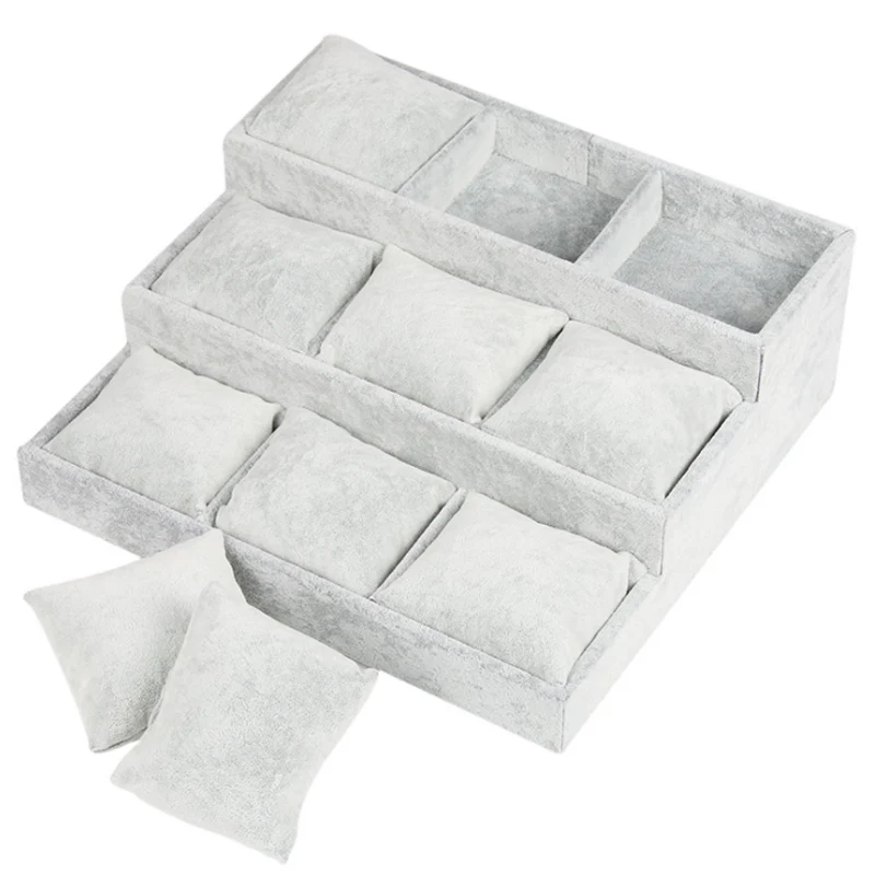 Luxury Black/Gray Velvet Linen Bracelet 9 Pillows Tray  Watch  Stud Hand Catenary Jewelry Tray Plate Holder Display