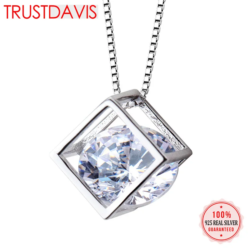 

Trustdavis 100% 925 Solid Real Sterling Silver Jewelry Square Box CZ Pendant Short Necklace Cute Gift Girl Lady DS439