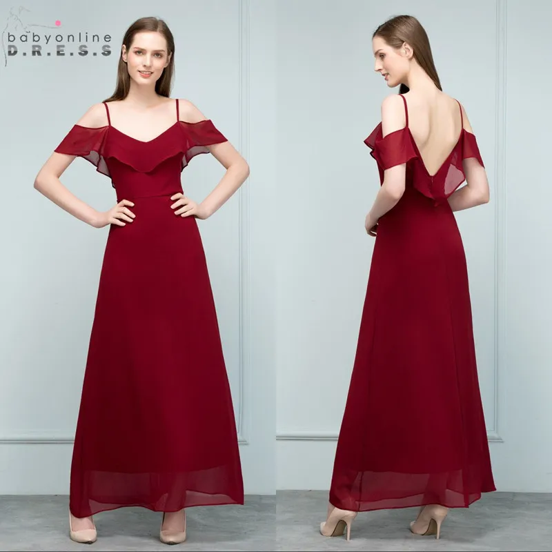 

In Stock Burgundy Chiffon Long Evening Dress Sexy Spaghetti Straps Cap Sleeve Evening Party Dresses Vestido de Festa
