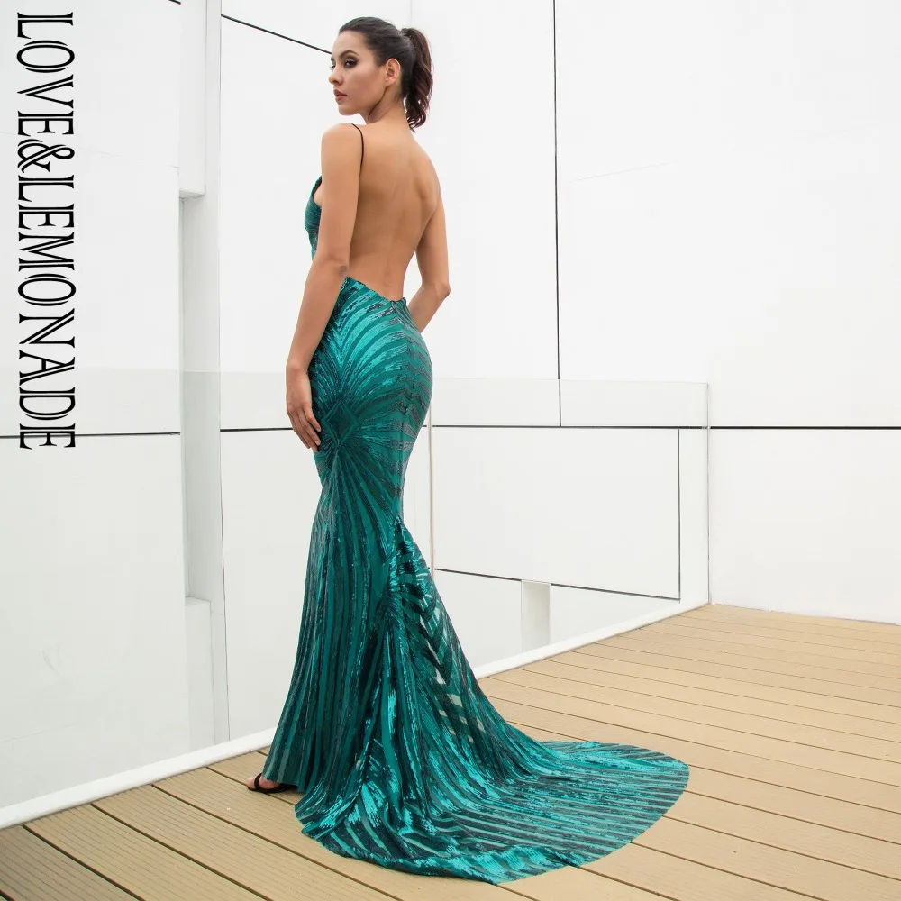 LOVE&LEMONADE Sexy Green Deep V Neck Open Back