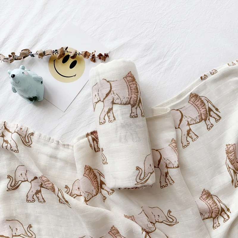 Najtaniej Muślin dwuwarstwowy bambus + bawełna wielbłąd lew słoń wzór zwierzęcy otulaczek muślin przewijać noworodka koce gaza otulacz dla niemowląt
