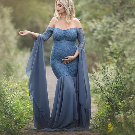 Новые платья для беременных для фотосессии беременность фотография Реквизит сексуальный v-образный вырез синий шифон кружева труба платья для беременных - Цвет: blue