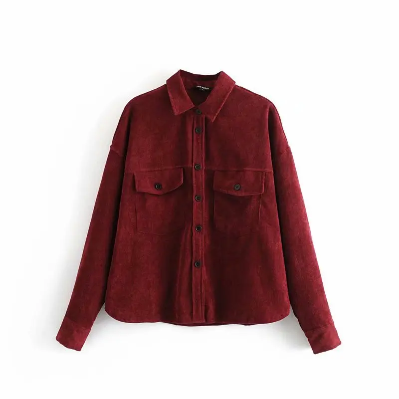ASDS Для женщин Chic Curduroy блузка с длинными рукавами и карманами плиссированные