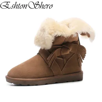 

EshtonShero Winter Women Shoes Woman Ankle Boot Keep Warm Round Toe Cow Suede+Plush Brown Flat Heel Ladies Snow Boots Size 34-39