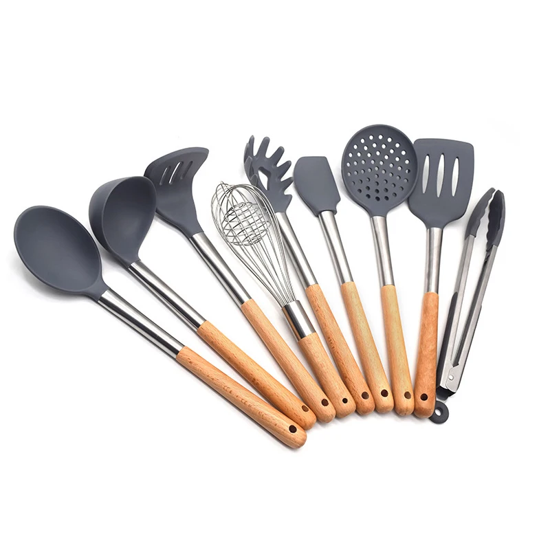 Silicone Cooking Utensils, kitchen utensils 9 pieces set with wood handles, heat resistant and nonstick