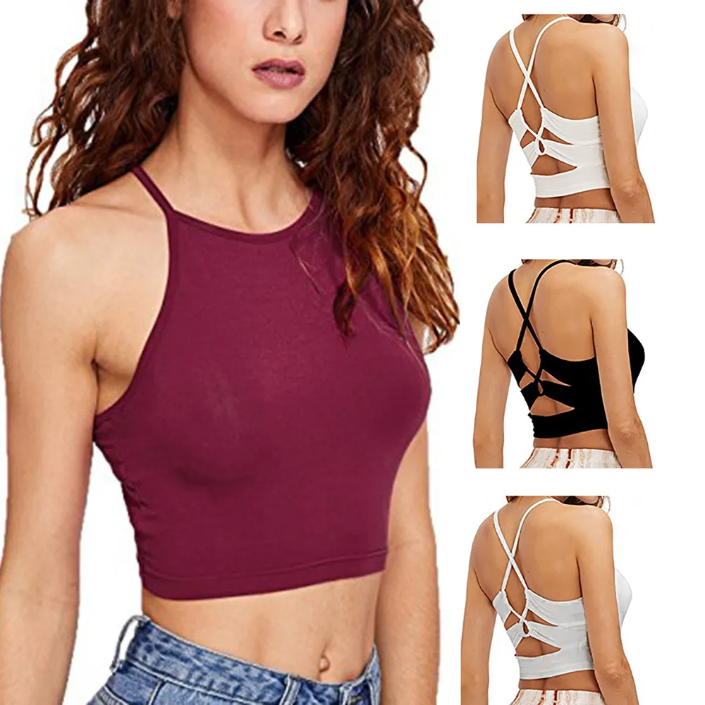 

New Fashion Womens Sexy Hanging Neck Tank Top Off Shoulder Halter Vest Sale and Hot Deals Casual Solid Copped Tee For Summer