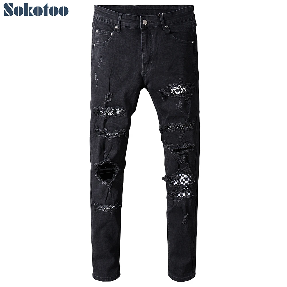 Sokotoo Men's black white patch holes ripped jeans Plus size slim fit skinny distressed stretch denim pants Sokotoo Men's black white patch holes ripped jeans Plus size slim fit skinny distressed stretch denim pants