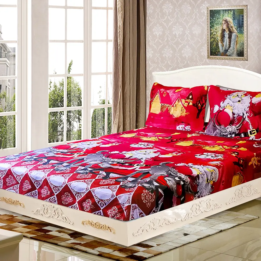 

4pcs/set Christmas Bedding Set Santa 3D Printed Fitted Bed Sheet + 2pcs Pillowcase + Bed Sheet Set Christmas Bedroom Decorations