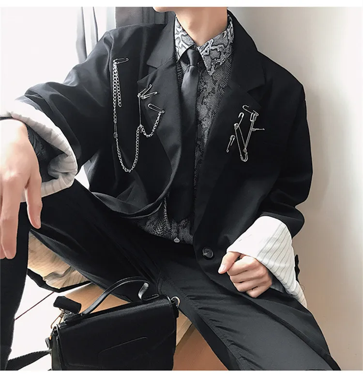 2019 Весна Винтаж Стиль Pin дизайн украсить зубчатый человека черный костюм в полоску внутри хлопок однобортная модель пальто свободного кроя