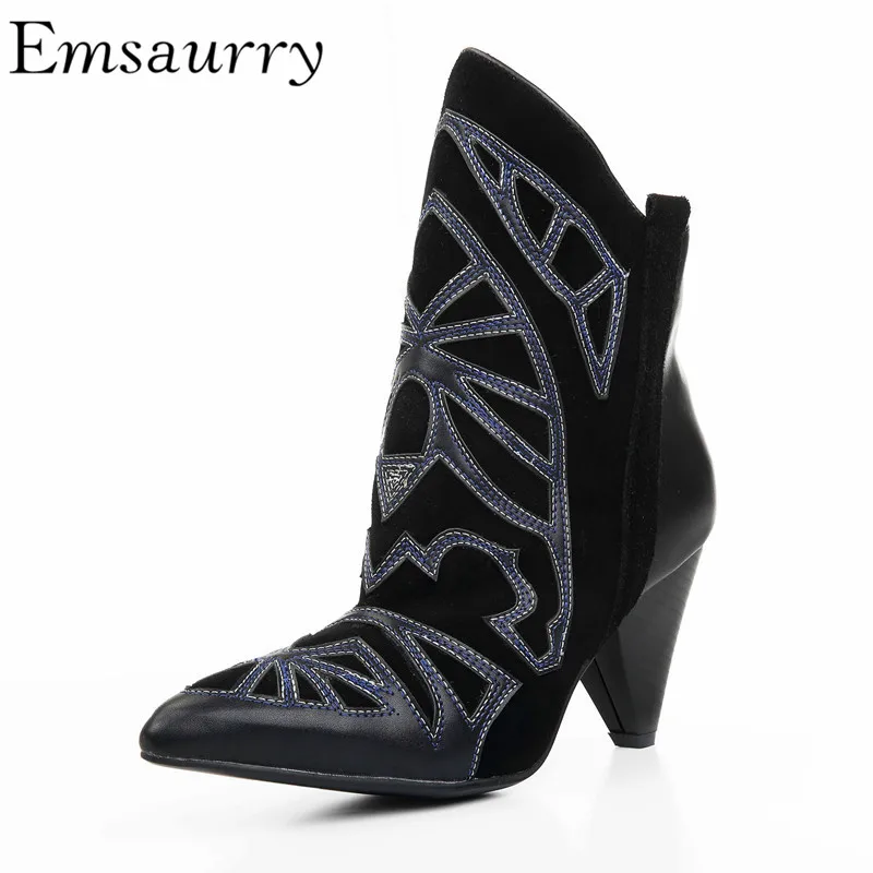 

Retro Style Sewing Ankle Boots Women Spike Heel Pointed Toes Embroidery Slim Short Booties Fashion Runway Botas Mujer