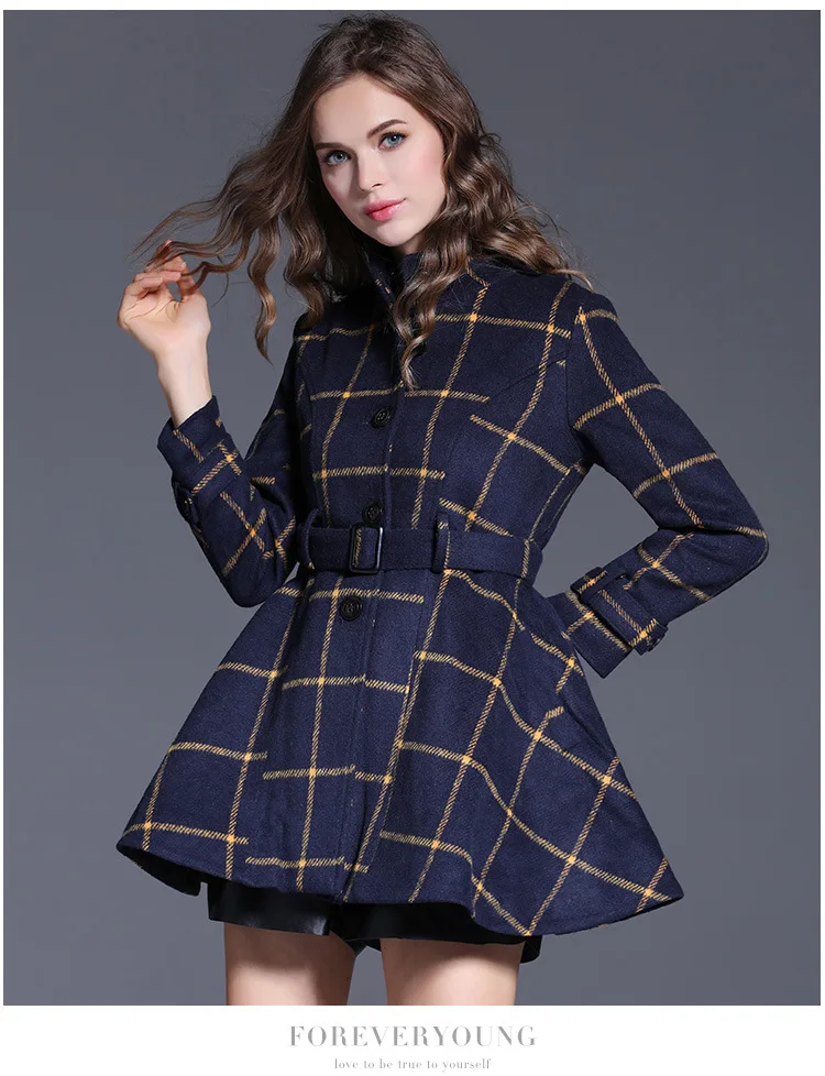Fashion Long Blue Plaid Women Trench Coat Women's coats Spring and