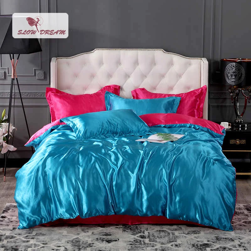 

SlowDream Red Fitted Sheet Luxury 100% Silk Bedding Set Blue Duvet Cover Set Bedspread Euro Rubber Sheet On Elastic Band Set