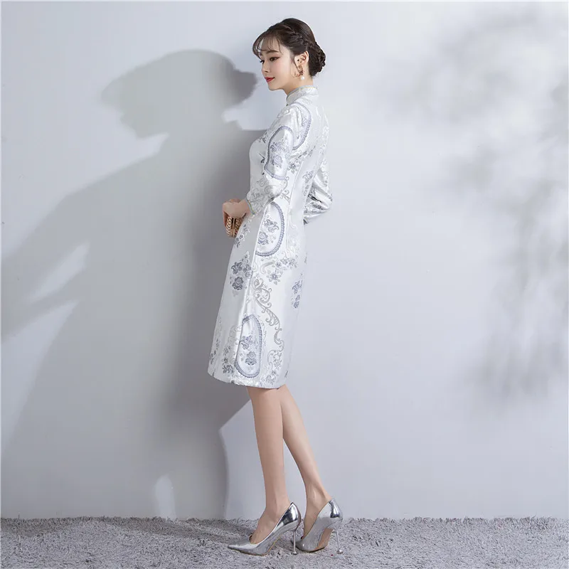 Шанхай история Половина рукава по колено атлас Cheongsam Qipao китайское традиционное платье Oriental платье для женщины