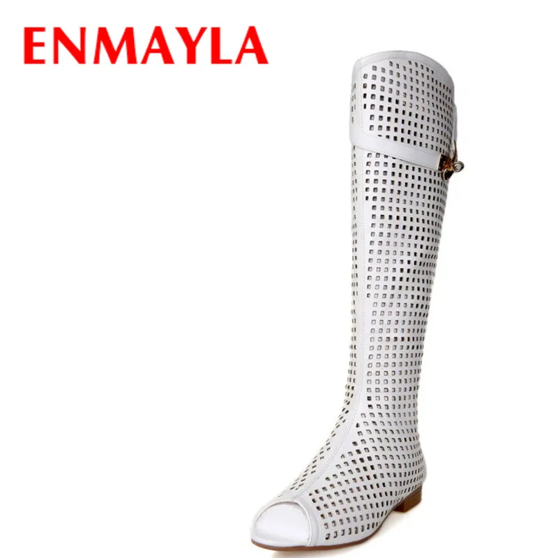 ENMAYLA/Новые модные летние женские ботинки с открытым носком и вырезами Женские ботинки с пряжкой на плоской подошве женские кожаные ботинки; размеры
