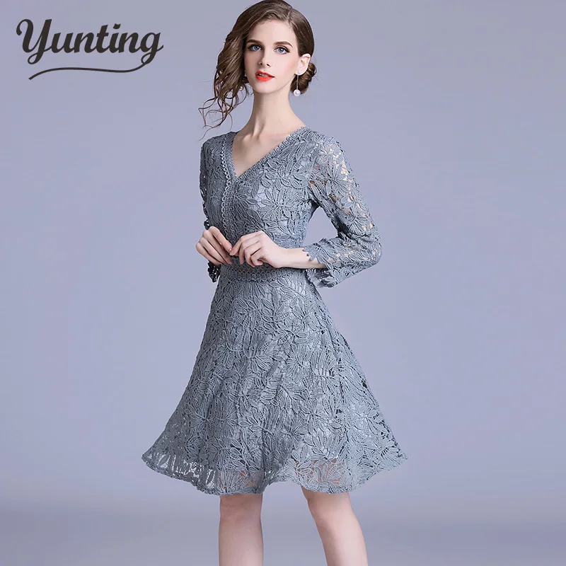 

Sale Autumn Lace Dresses Hollow Out Women Floral Crochet Casual Blue Lace Dress Evening Party Vestidos