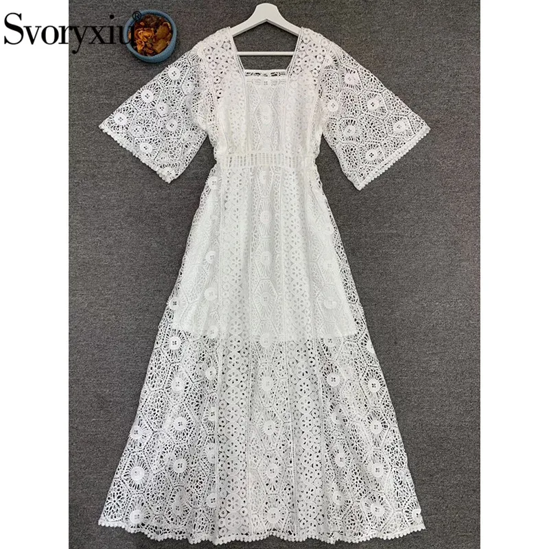 

Svoryxiu Elegant Hollow Out Embroidery White Maxi Dress Women's Sexy Square Collar Summer Runway Designer Long Dress Vestdios