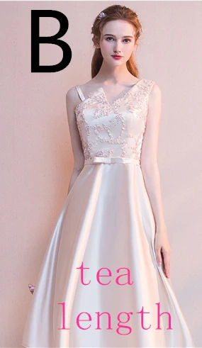Дешевые вечерние платья подружки невесты цвета шампанского с длинными рукавами и круглым вырезом Атласное Бальное Платье для свадебного гостя H4254 - Цвет: B TEA LENGTH