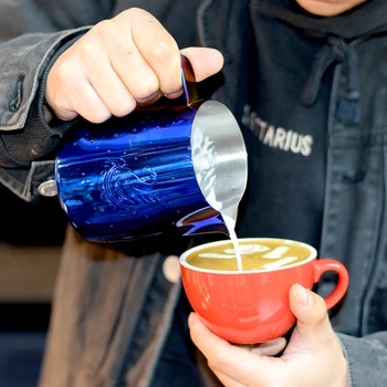 

New arrival Frothing Stainless Steel handle ear Cup Milk Jug 20oz / 600ml Pitcher Pull Flower colorful surface Swan pitcher