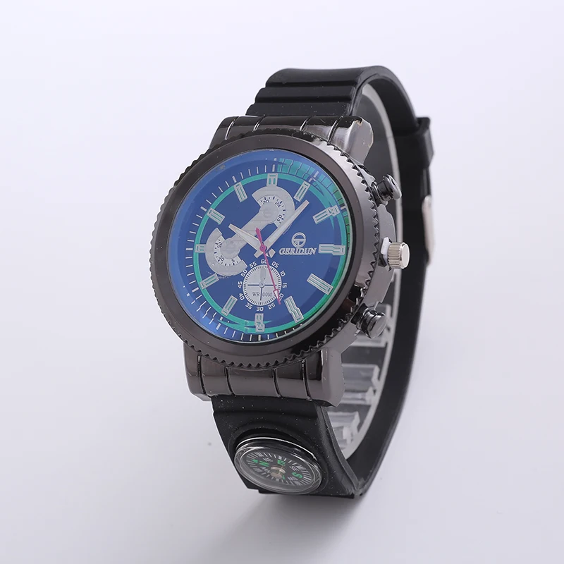 Large Dial Men Quartz Watch Army Soldier Military Rubber Compass Clock