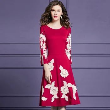 

Hot Sale Women Flower Appliques Dress Elegant O-Neck Long Sleeve A-Line Dresses