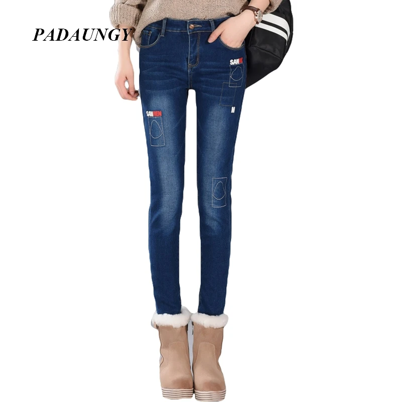 

PADAUNGY Hot Thick Pants Plus Velvet Women Jeans Mid Waist Denim Trousers Slim Fit Jeggings Autumn Winter Thicken Jean Femme