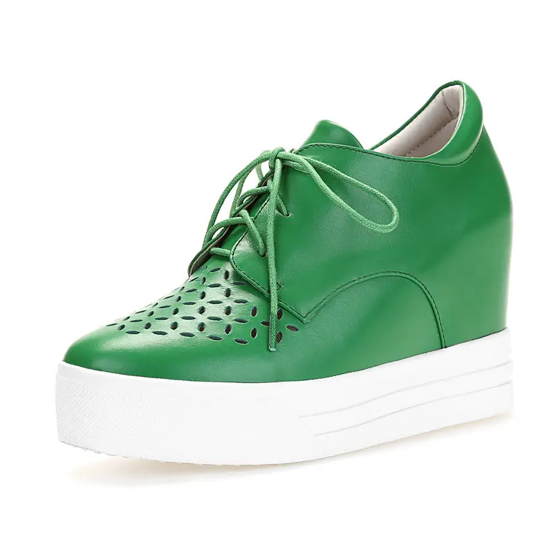 NAYIDUYUN/Теннисные кроссовки в стиле панк; женские дышащие туфли на танкетке из коровьей кожи; вечерние туфли-чашечки на платформе; летняя повседневная обувь на высоком каблуке - Цвет: green3