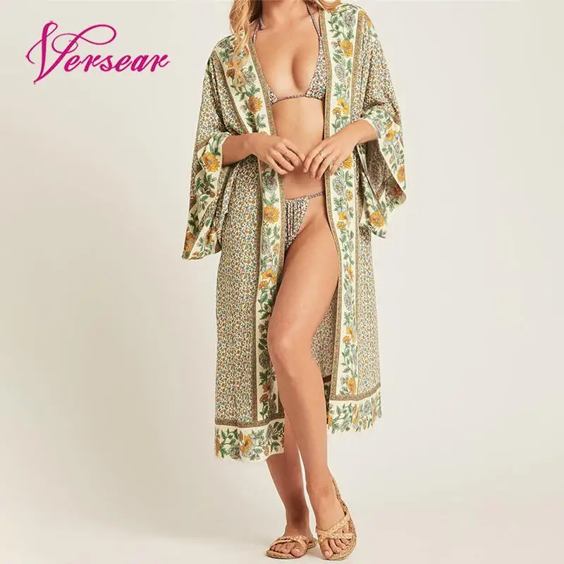 

Versear Women Vintage Kimono Cardigan Boho Ethnic Printed 3/4 Sleeve Loose Casual Long Bikini Cover Ups Summer Beachwear Outwear