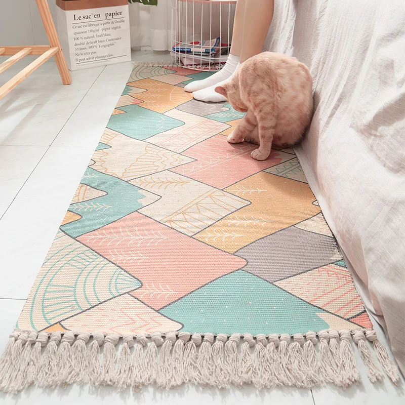 

Ins Japanese style cotton hand-woven wall hangings bedside carpets eco-friendly home bedroom long tassel non-slip mats