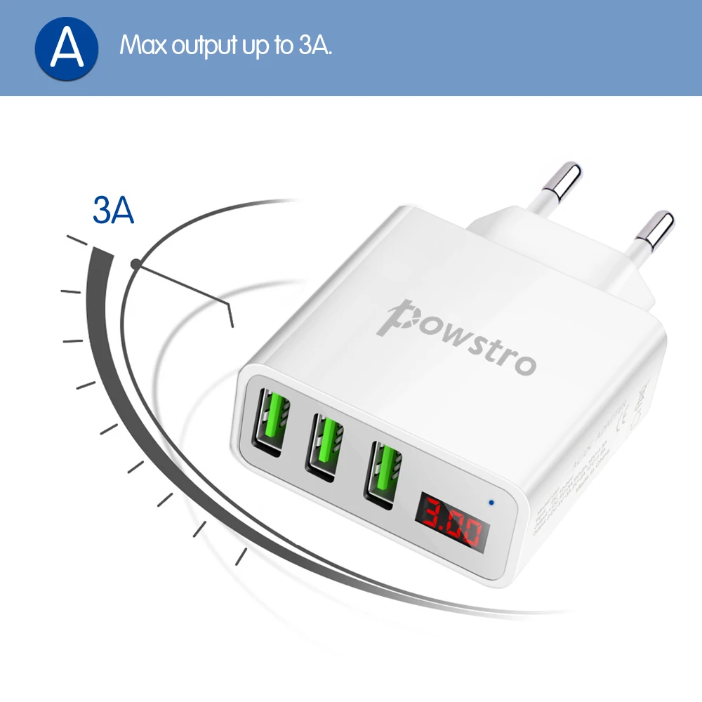 Настенное зарядное устройство POWSTRO 3 порта USB светодиодный дисплей вилка