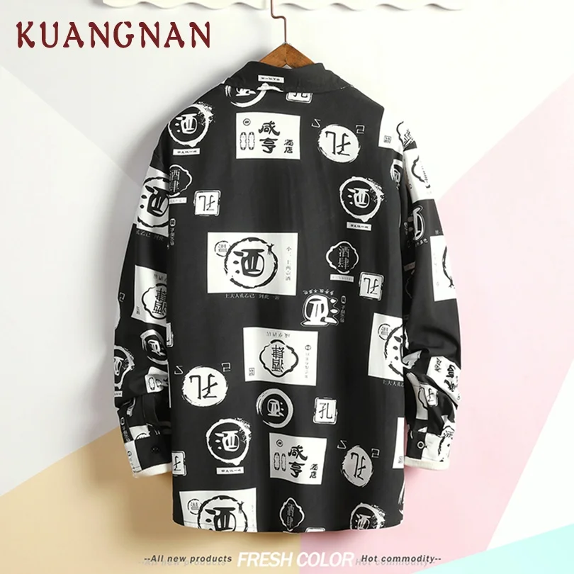 KUANGNAN, японский стиль, рубашка с принтом, Мужская Уличная одежда ...
