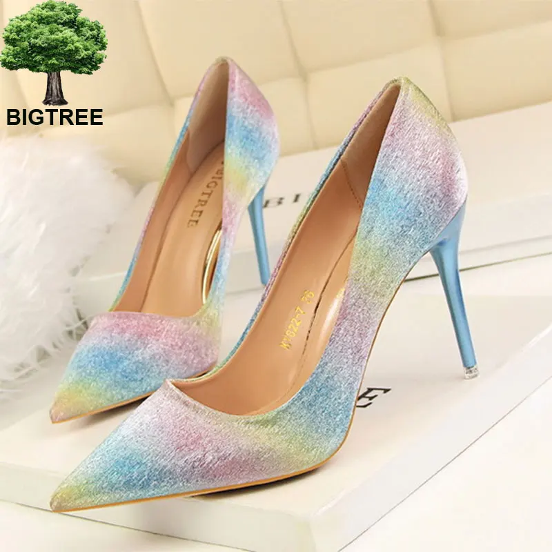 

BIGTREE Classics Women's Rainbow Color Shoes Concise Sequined Cloth Shallow Women Pumps Pointed Toe Fashion High Heels Shoes