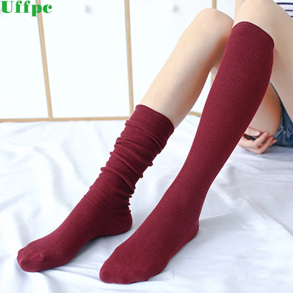 3 Pairs Women Girl Student Retro Cotton Long Socks Solid Color Korean