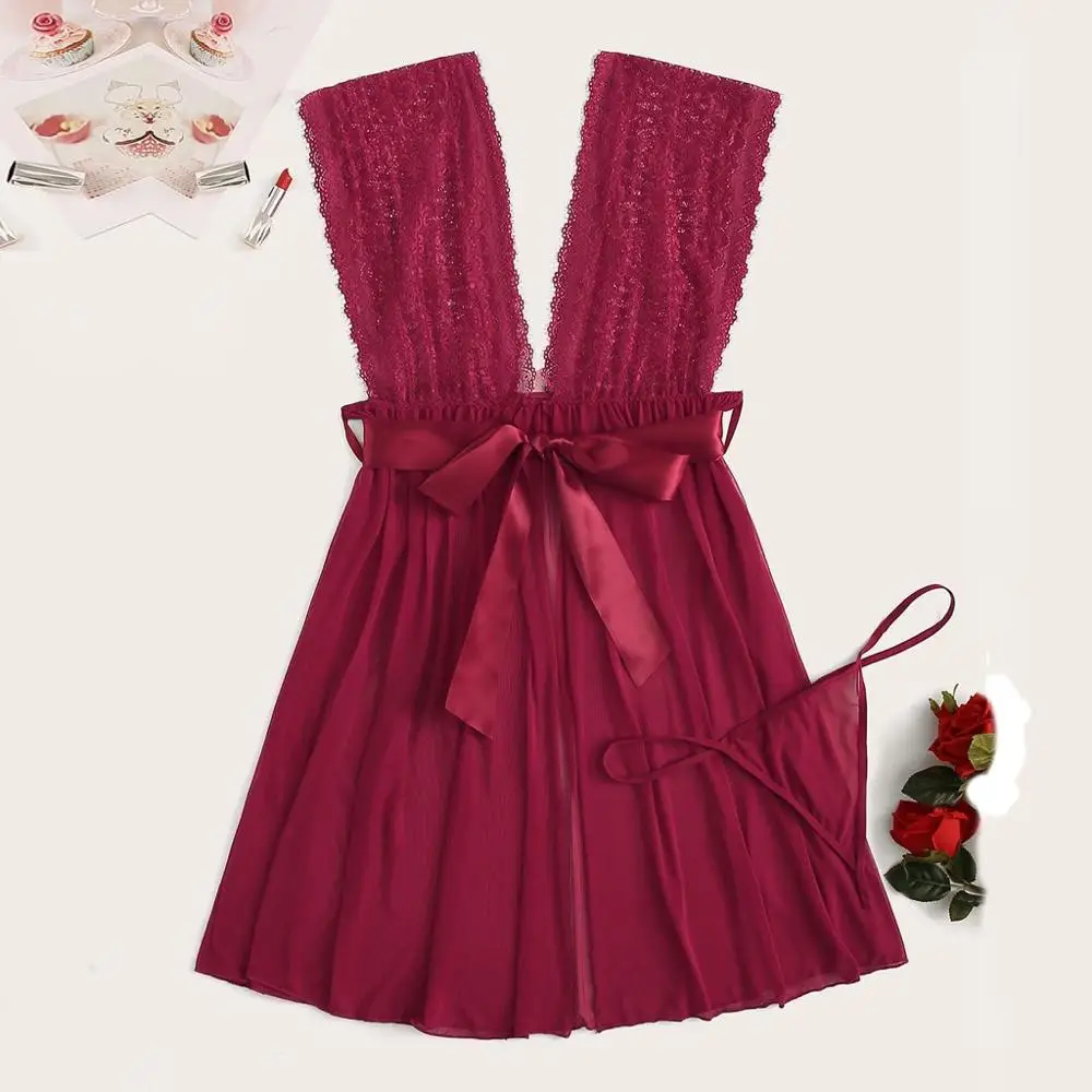 

luxury Brand New Women Plus Size Contrast Lace Bow V-Neck Backless Lingerie With Thong pyjamas femme women pijamas Q60