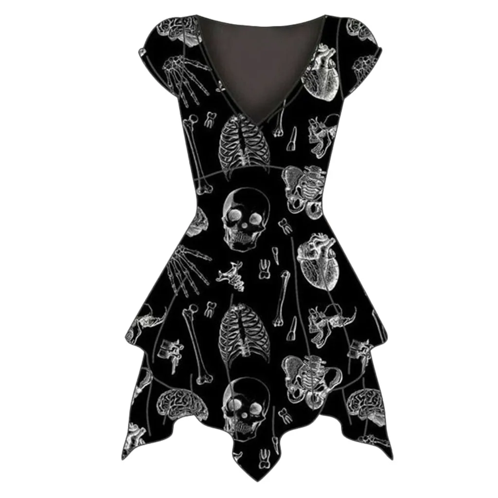 

YOUYEDIAN Women's dress Fashion V-neck Short Sleeve Sexy Skull Print Slim A-line Dress vestidos mujer 2019 ropa mujer