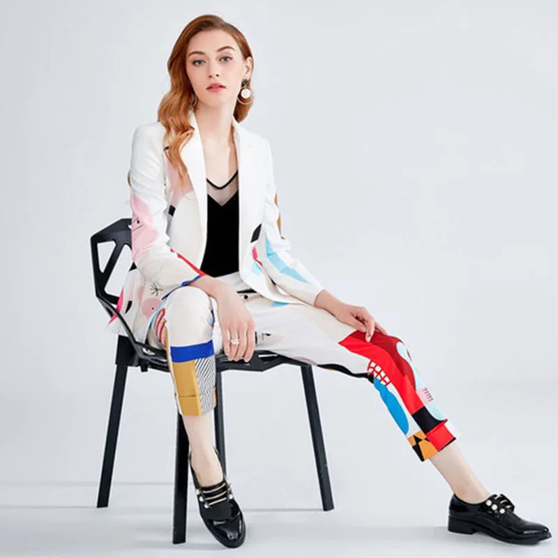 women work wear suit office wear Women's business coat & pant set personality print  long-sleeved 2 pcs / set  drop shipping