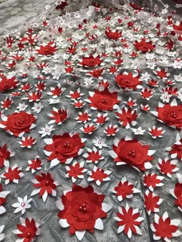 

3D applique embroidery with beads embrodiery net tulle mesh lace fabric SYJ-664 for wedding /evening dress/haute couture
