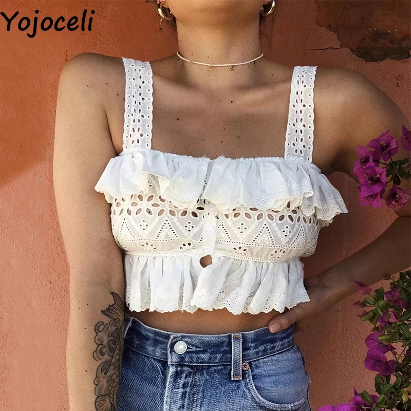 

Yojoceli Sexy white lace strap sleeveless crop top women Summer hollow out ruffle camis top female Beach party top