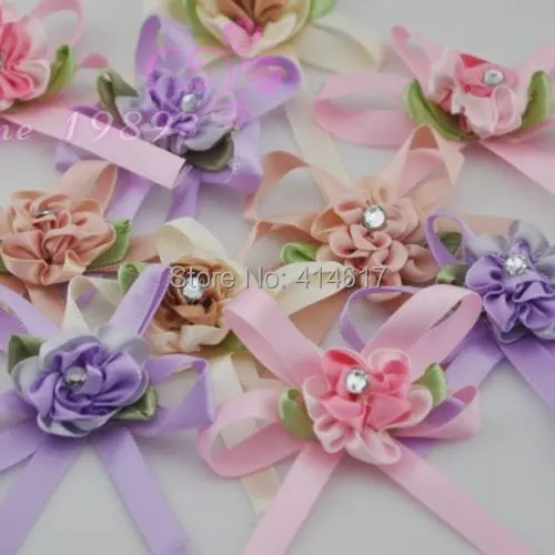 

10 pcs satin ribbon flowers bow w/leaf stone wedding sewing appliques DIY A0122
