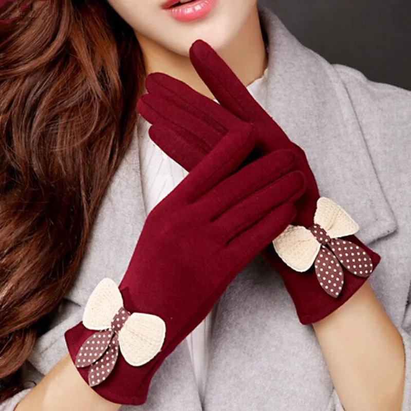 Fashion Elegant Ladies Touch Screen Warm Lace Gloves Women Winter Cashmere Bow Full Finger