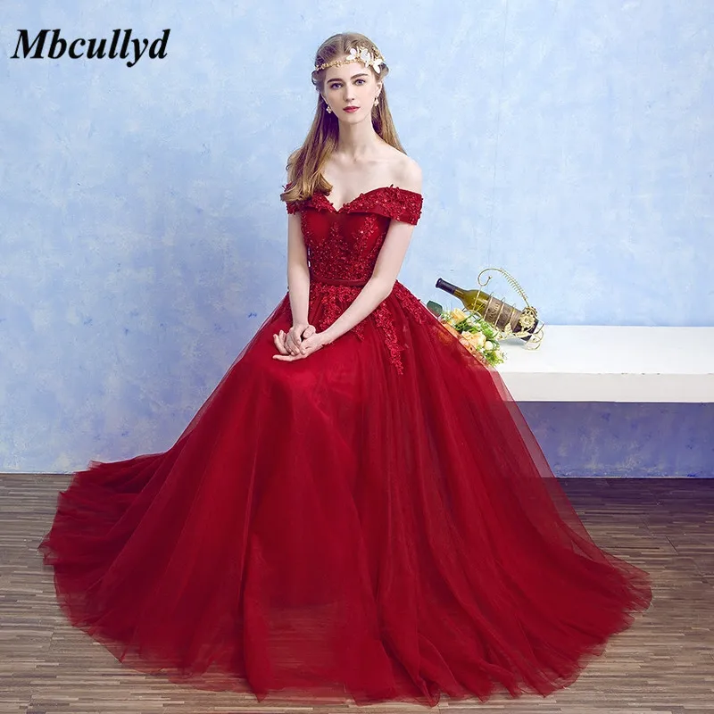 

Mbcullyd Long Dark Red Bridesmaid Dress 2018 Long Floor Length Robe Demoiselle D'honneur Tulle and Lace Dress For Wedding Party