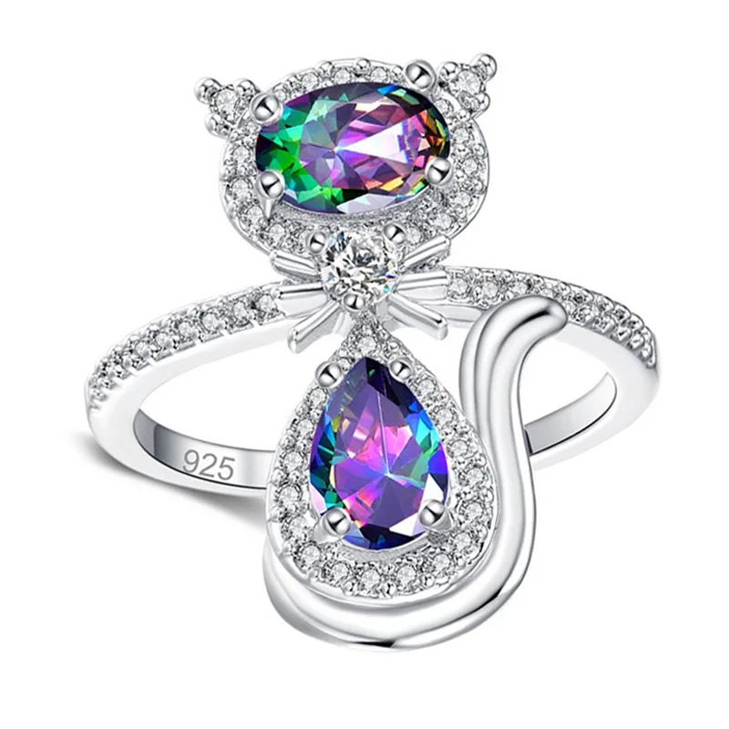 

MOONROCY CZ Rings Silver Color Cute Cat Crystal Colourful Pink Engagement Ring for Women Dropshipping Jewelry Wholesale Gifts