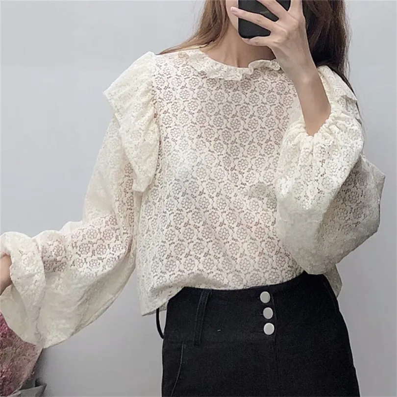 

Women sweet ruffles crop tops long sleeve female casual beige blouses summer hollow out chic shirts blusas