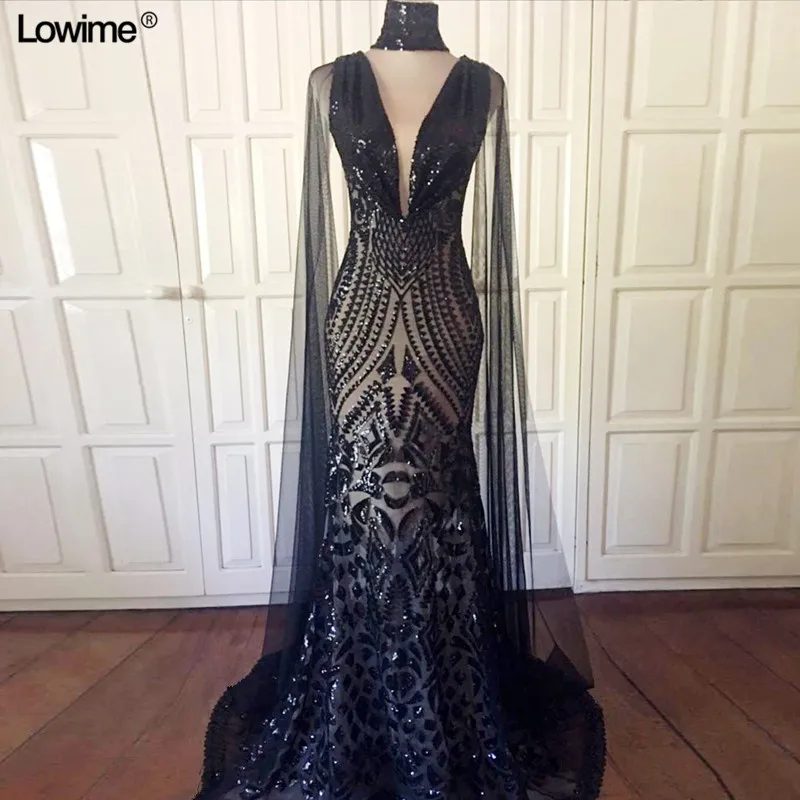 Sexy New Arrival Deep V-neck Abendkleider Evening Dresses 2018 Long Sleeves Court Train Prom Dresses Long (1)