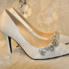 New Arrival Rhinestone Wedding Shoes White Satin Pointed Toe Bridal Shoes Round Toe High Heel Gorgeous Party Prom Shoes